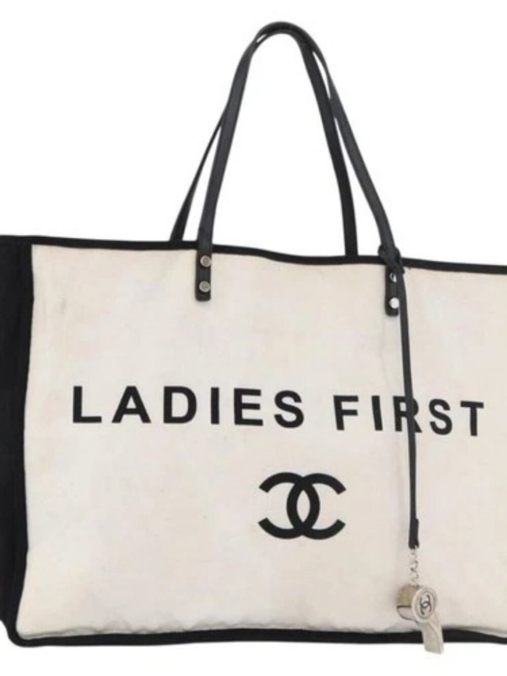 CHANEL Ladies First Tote Bag Canvas White Silver CC Auth YKZ1356A